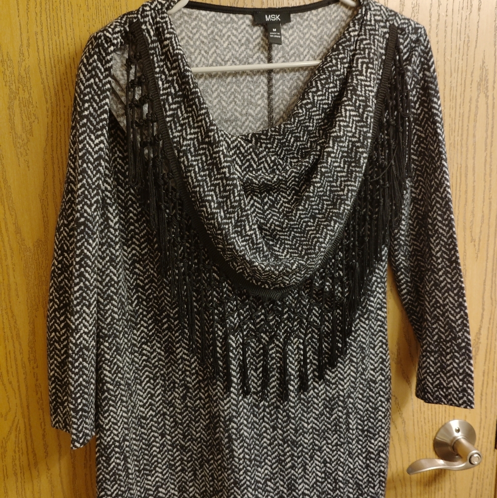 MSK Black & White Fringe Cowl-Neck Sweater Dress